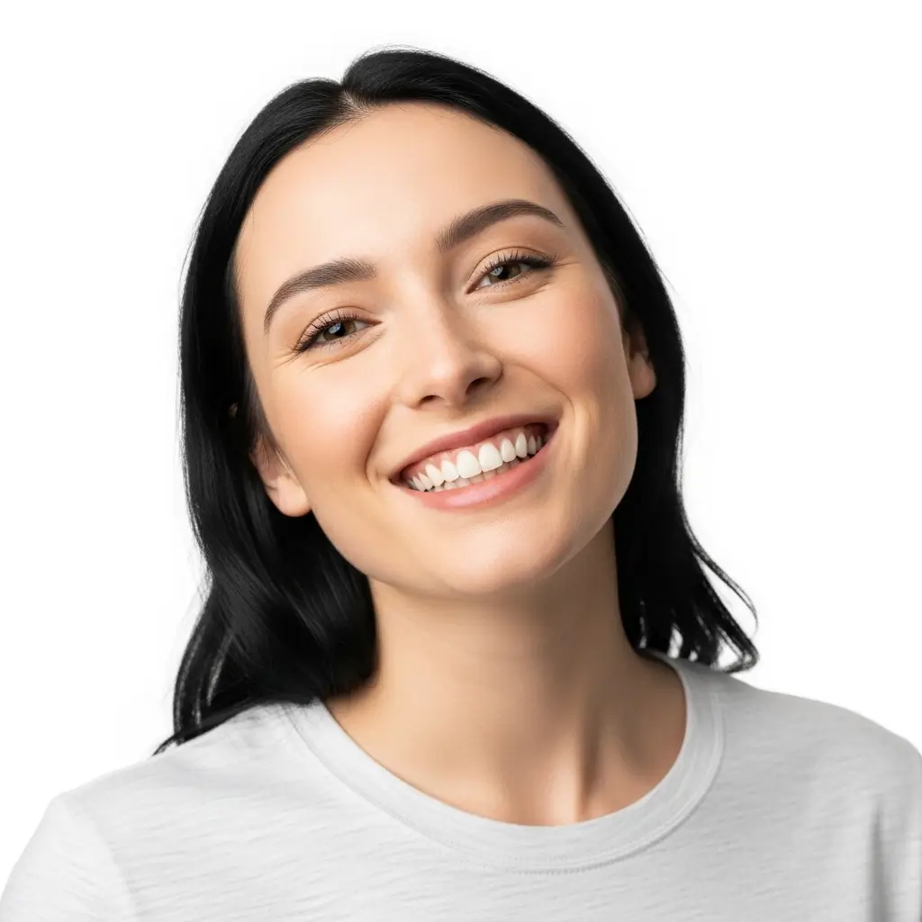 A woman with dark hair smiling warmly with healthy white teeth at Sparkle House Dental.