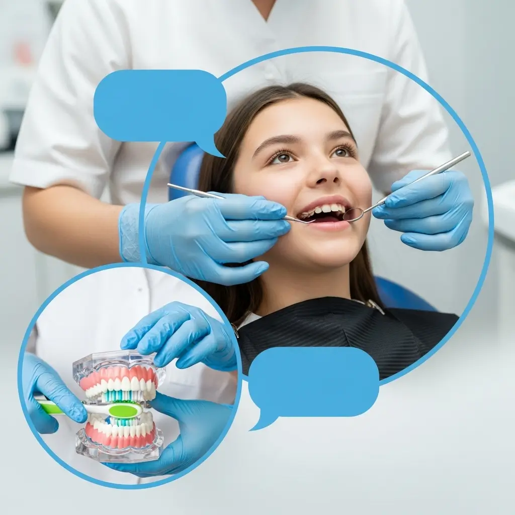 Dentist examining a patient's teeth and showing brushing tips at Sparkle House Dental.