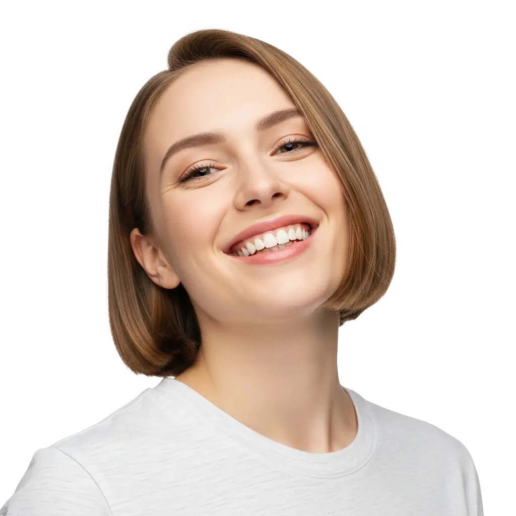 A smiling young woman showing healthy white teeth representing patient satisfaction at Sparkle House Dental.