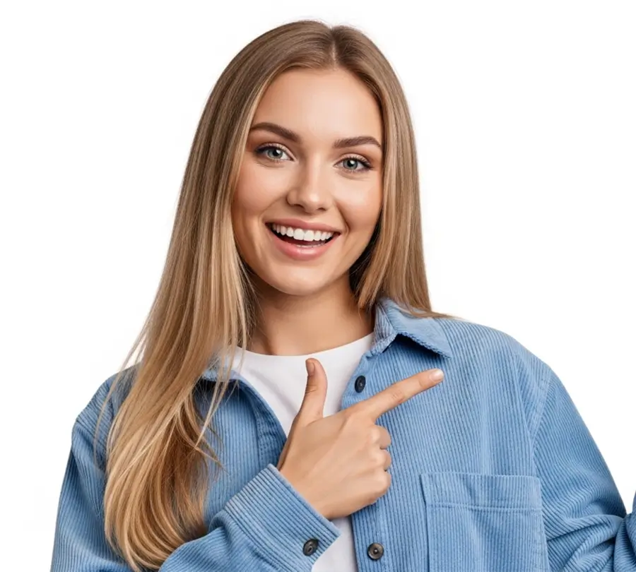 A smiling blonde woman in a blue shirt pointing sideways at Sparkle House Dental.