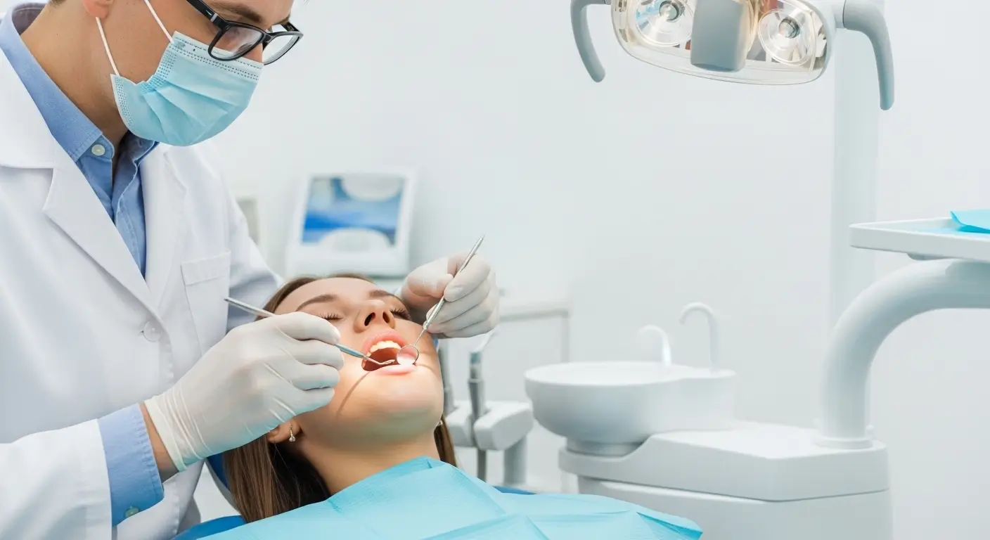 Dentist examining a patient's teeth with dental instruments at Sparkle House Dental.