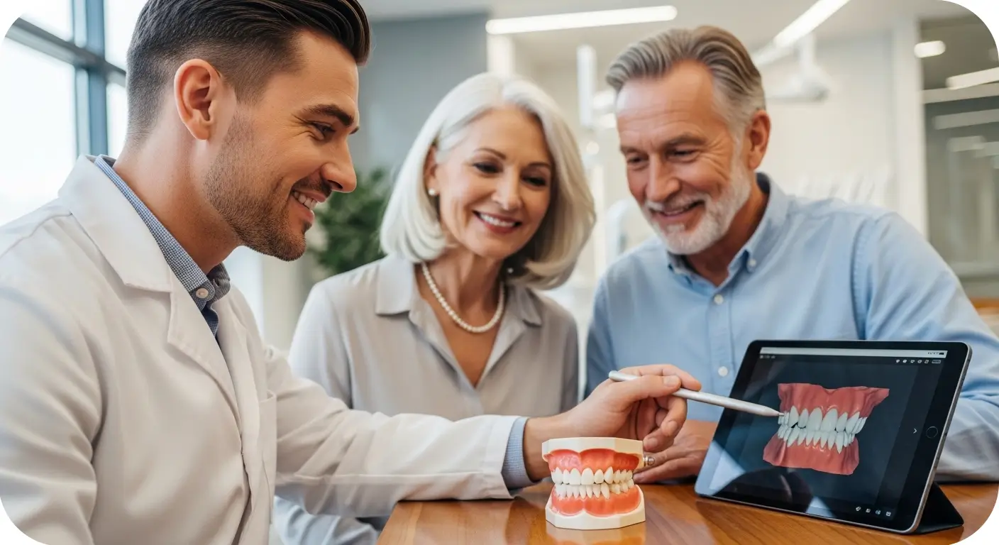 Dentist explaining a treatment plan on a tablet and teeth model to an older couple during a visit for family dentistry in Houston.