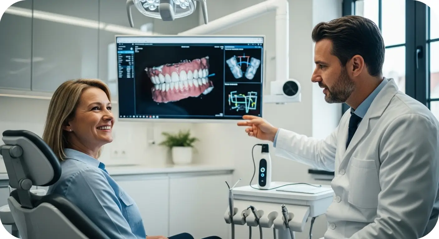 A dentist showing 3D digital tooth scans to a smiling patient at Sparkle House Dental.