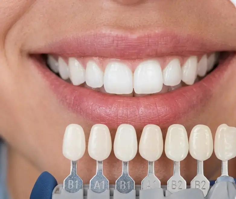 Dental shade guide held up next to a patient smile during a procedure in Houston.