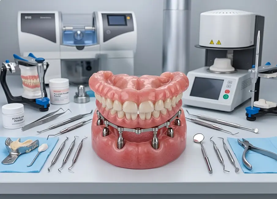 Full arch dental implant prosthesis and high-tech laboratory equipment arranged on a lab table.
