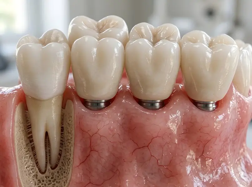 Close up model showcasing multiple titanium dental implants replacing missing natural teeth structures.
