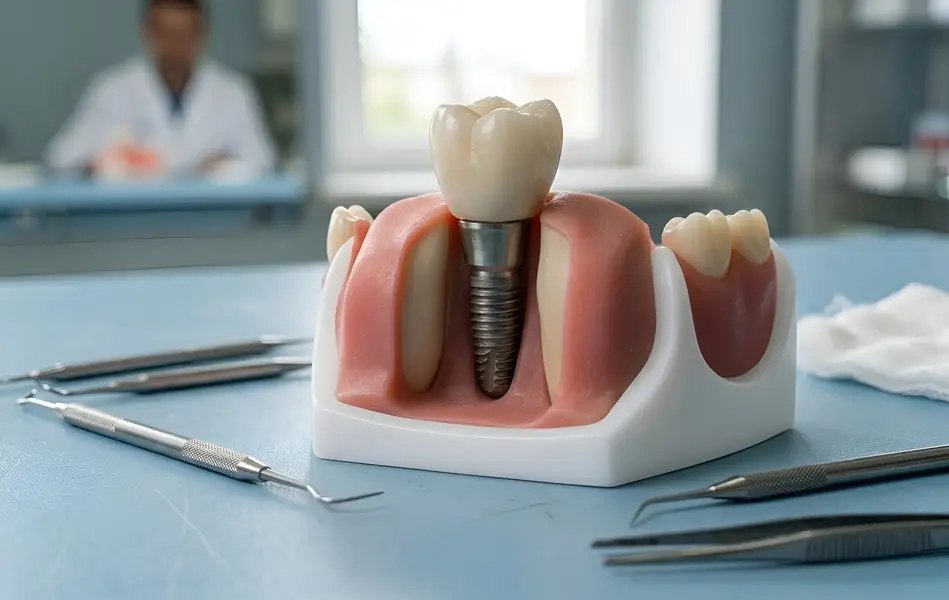 Detailed anatomical model of a single dental implant displayed on a clean medical desk.