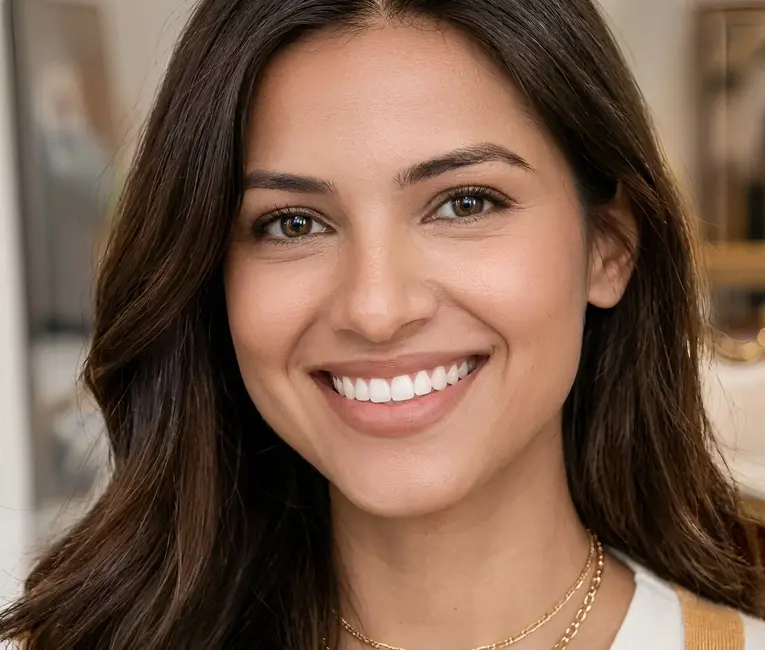 Close up portrait of a smiling woman showing straight white teeth after her cosmetic treatment.